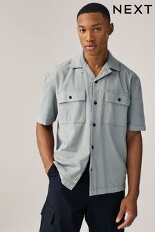 Grey Linen Blend Short Sleeve Shirt with Cuban Collar (T71223) | kr353