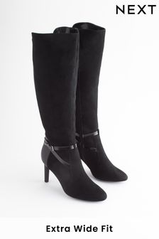 Black Extra Wide Fit Forever Comfort® Buckle Detail Heeled Knee High Boots (T71670) | ₪ 217