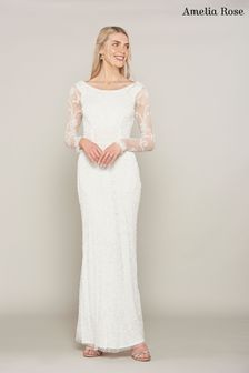 Dolga bela obleka z dolgimi rokavi in okrasjem Amelia Rose (T71769) | €56