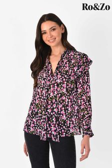 Ro&Zo Black Blush Floral Tie Neck Top (T72233) | €39