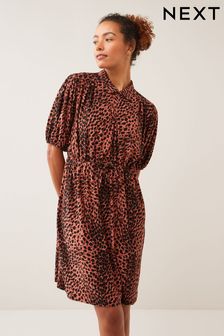 Brown Animal Print Puff Sleeve Zip Collared Mini Dress (T72521) | €13