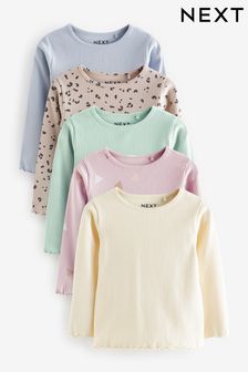 Blue Neutral Ditsy 5 Pack Long Sleeve Rib Jersey Tops (3mths-7yrs) (T72679) | $39 - $46