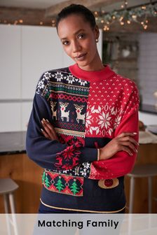 Red/Navy Blue Reindeer Patchwork Christmas Jumper (T72845) | AED101