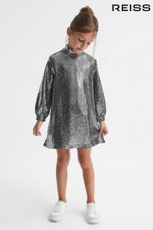 Reiss Silver Ariana Junior Sequin Short Skater Dress (T72887) | ₪ 350