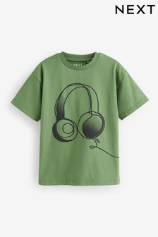 Zielony ze słuchawkami - Luźna koszulka z krótkim rękawem i grafiką (3-16 lat) (T73019) | 30 zł - 55 zł