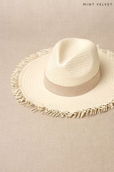 Mint Velvet Cream Beige Frayed Edge Panama Hat (T73316) | MYR 270