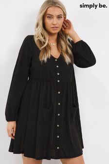 Simply Be Black Ribbed Button Through Smock Dress (T74258) | ₪ 135