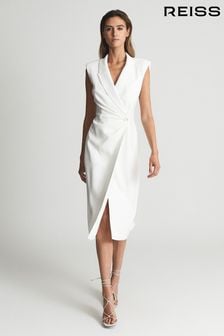 Reiss White Cecile Tuxedo Bodycon Midi Dress (T74460) | OMR171