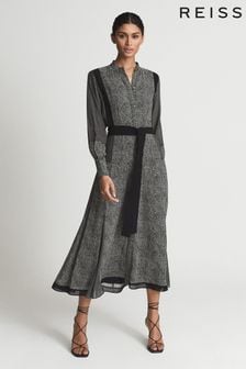 Reiss Black Tanis Mixed Print Midi Dress (T74470) | kr4,520
