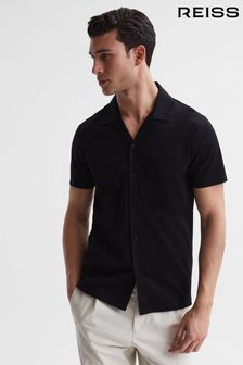 Reiss Black Caspa Mercerised Jersey Cuban Collar Shirt (T74483) | 520 SAR