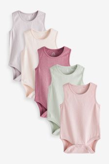 Multi Pastel Pink/Purple Pointelle 5 Pack Baby Vest Bodysuits (T75372) | €20 - €27