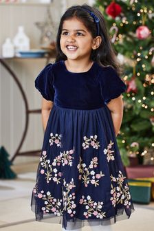 JoJo Maman Bébé Navy Floral Embroidered Party Dress (T75686) | €62