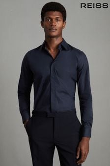 Reiss Navy Kiana Cotton Stretch Poplin Slim Fit Shirt (T76231) | $145