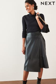 Black PU Faux Leather Midi Wrap Skirt (T76514) | €45