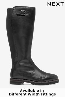 Black Extra Wide Fit Forever Comfort® Leather Brogue Detail Knee High Boots (T77177) | 73 €
