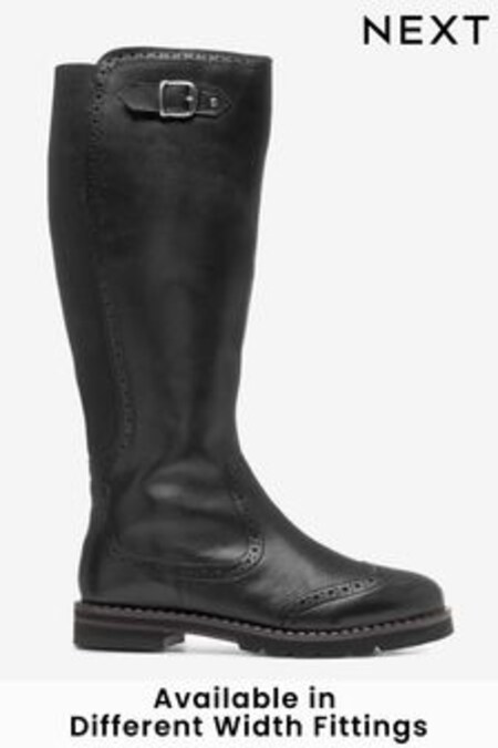 Black Extra Wide Fit Forever Comfort® Leather Brogue Detail Knee High Boots (T77177) | 126 €