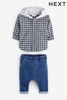 Blue Hooded Check Shirt And Jeans Set (T77192) | $32 - $36
