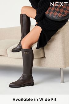 Chocolate Brown Regular/Wide Fit Forever Comfort® Leather Brogue Detail Knee High Boots (T77204) | €64