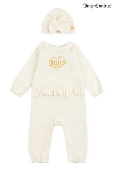Juicy Couture White Velour Turban and Frill Romper Set (T77385) | $49