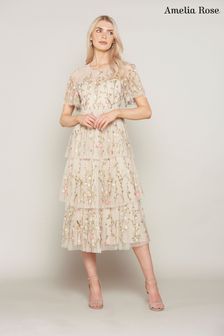 Amelia Rose Nude Tiered Floral Midi Dress (T77529) | ₪ 768