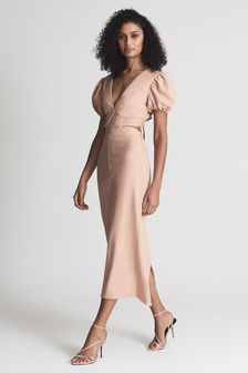 Reiss Peach Jennah Puff Sleeve Cut Out Back Midi Dress (T78449) | OMR171