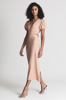 Reiss Peach Jennah Puff Sleeve Cut Out Back Midi Dress (T78449) | AED1,642