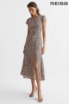 Reiss Brown Livia Printed Cut Out Back Midi Dress (T78699) | €229