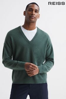 Smrečje zelena - Sproščen pulover iz merino volne z V-izrezom Reiss Spires (T78772) | €125