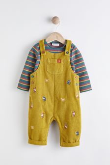 Citrine Yellow Embroidered Cord Dungarees With Bodysuit (0mths-2yrs) (T79118) | $41 - $44