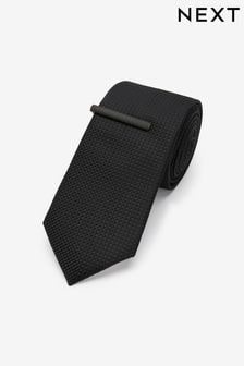 Black Slim Recycled Polyester Textured Tie With Tie Clip (T79824) | TRY 183