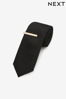 Black/Gold Slim Textured Tie And Clip (T79825) | 6,340 Ft
