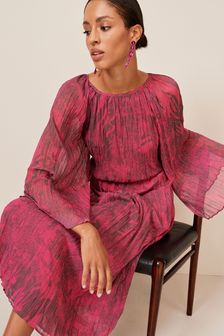 Bright Pink Floral Long Flared Sleeve Pleated Midi Dress (T79998) | €27