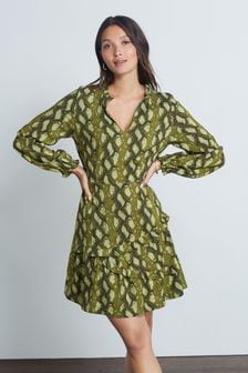 Green Snake Print Long Sleeve V-Neck Ruffle Mini Tea Dress (T80002) | 18 €