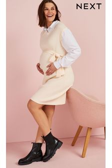 Crème/blanc - Robe chemise de maternité superposée en maille (T80007) | €17
