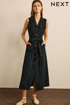 Black Sleeveless Belted Button Down Dress (T80131) | €24