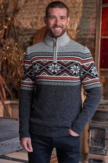 Charcoal Grey/Red Zip Neck Fairisle Pattern Jumper (T81807) | AED135