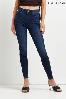 River Island Denim Blue Dark Amelie Mid Rise Doja Skinny Jeans (T81876) | $66