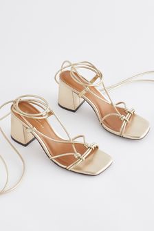 Gold Signature Leather Knot Strappy Block Heels (T81934) | €31