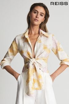 Reiss Yellow Corinne Print Linen Printed Tie Waist Shirt Blouse (T82078) | 867 QAR