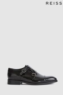 Reiss Black Rivington High Shine Leather Monk Strap Shoes (T82091) | $403