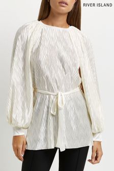 River Island Cream Long Sleeve Belted Volume Slv Top (T82220) | ₪ 149