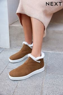 Tan Brown Regular/Wide Fit Signature Leather Faux Fur Trainers (T82429) | 34 €