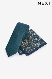 Forest Green Geometric Slim Tie And Pocket Square Set (T82597) | $36
