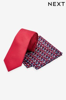 Red Geometric Slim Tie And Pocket Square Set (T82607) | OMR7