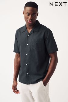 Black Cuban Collar Linen Blend Short Sleeve Shirt (T83002) | SGD 50