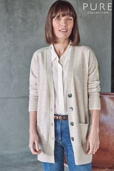 Pure Collection Womens Natural Cashmere Tipped Boyfriend Cardigan (T83503) | 222 €
