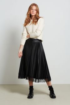 Black Lace trim Faux Leather Midi Skirt (T83578) | 59 €
