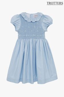 Trotters London Blue Willow Rose Hand Smocked Dress