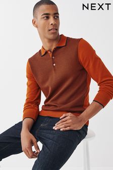Orange Textured Long Sleeve Knitted Polo Shirt (T84404) | 48 €