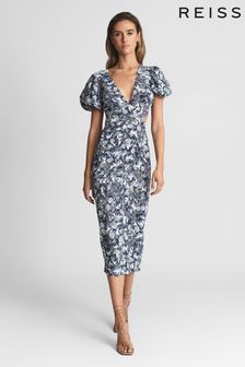 Reiss Blue Jennah Printed Puff Sleeve Midi Dress (T84657) | kr4,338